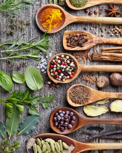 Ayurvedic spices in wooden spoons — turmeric, cardamom, cloves and more